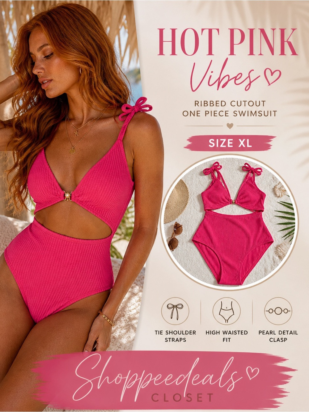 Hot Pink Ribbed Cutout One Piece Swimsuit XL High Waisted Tie Shoulder Bikini